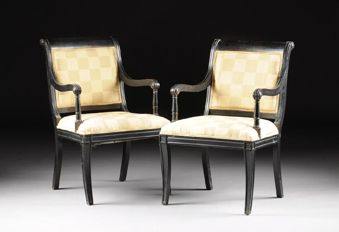 A SET OF FOUR SPANISH EBONIZED CARVED WOOD ARMCHAIRS, (1 of 7)
