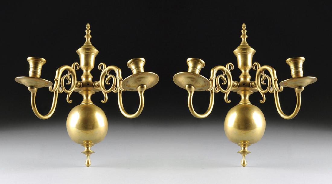 A PAIR OF DUTCH BAROQUE STYLE BRASS TWO-LIGHT WALL (1 of 3)