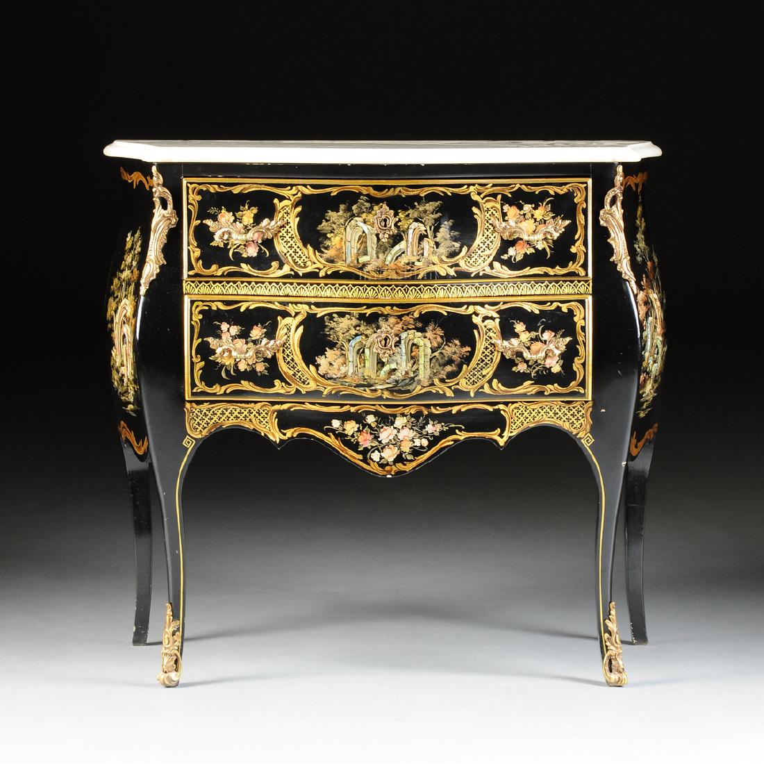 A LOUIS XV STYLE CHINOISERIE BLACK PAINTED AND (1 of 9)