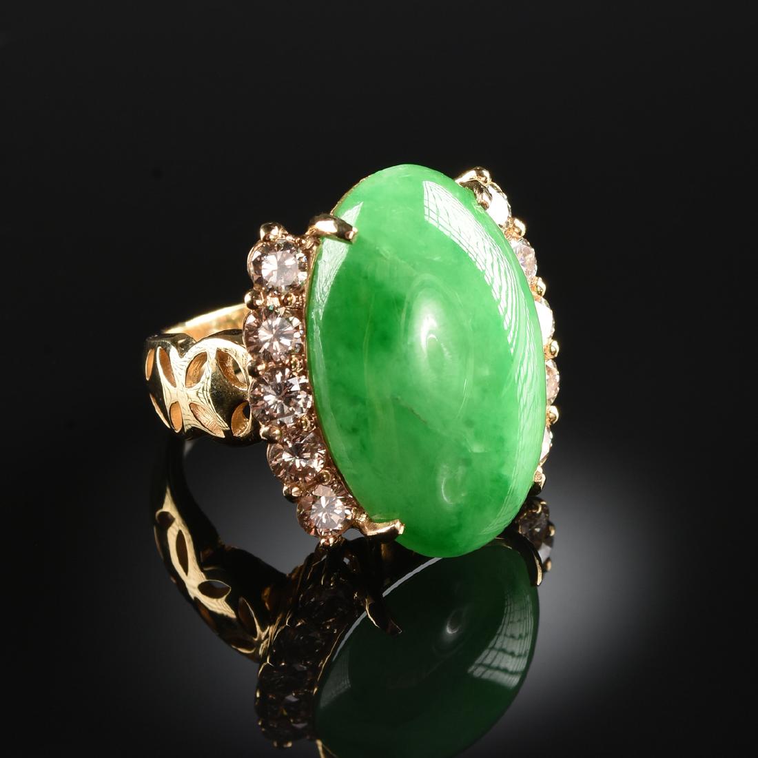 AN 18K YELLOW GOLD, JADE, AND DIAMOND LADY'S RING, (1 of 2)