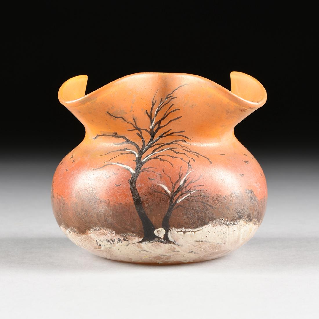 AUGUSTE LEGRAS (French active 1864-1930) AN ENAMELED: AUGUSTE LEGRAS (French active 1864-1930) AN ENAMELED ART GLASS VASE, SAINT DENIS, signed, the clear vase with a pinched and folded rim over a globe form body, painted with a snowy winter landscape and