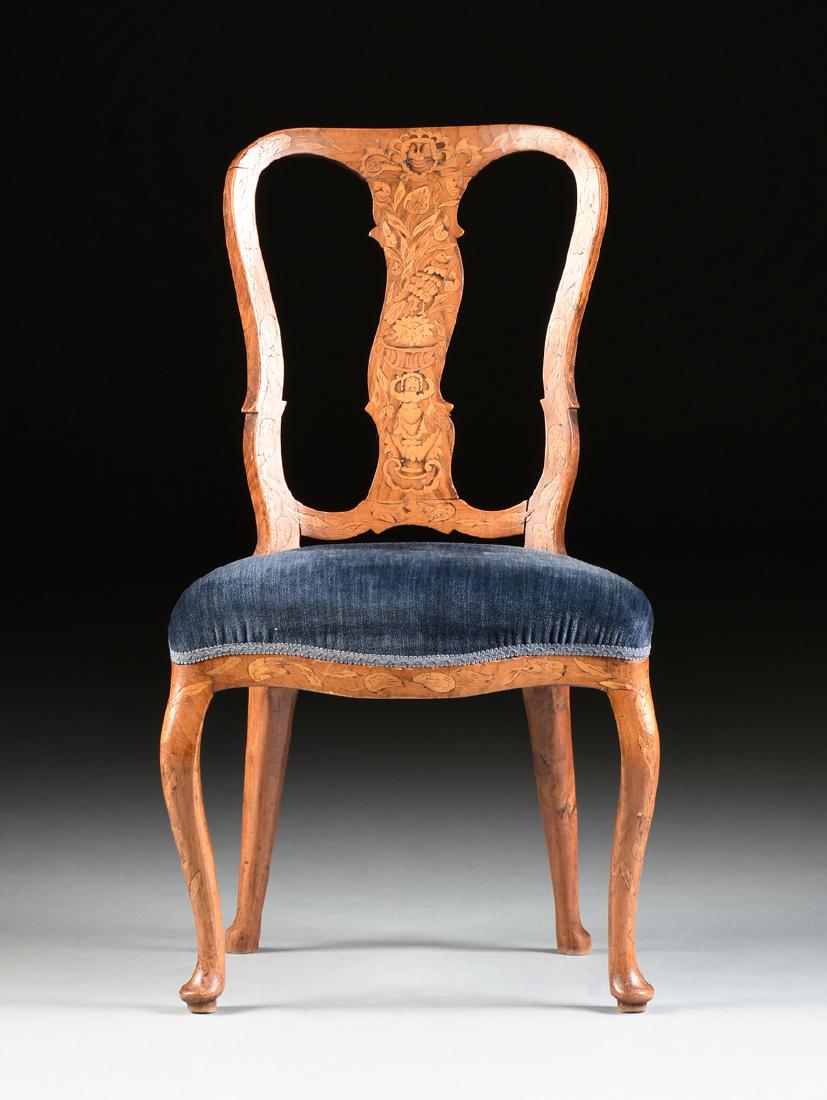 A MARQUETRY INLAID BIRCH AND ELM SIDE CHAIR, LAST HALF: A MARQUETRY INLAID BIRCH AND ELM SIDE CHAIR, LAST HALF 18TH CENTURY, PROBABLY DUTCH, the flat crest rail centering baroque style shell fronted by a Dutch style portrait, over an undulating vertical sp