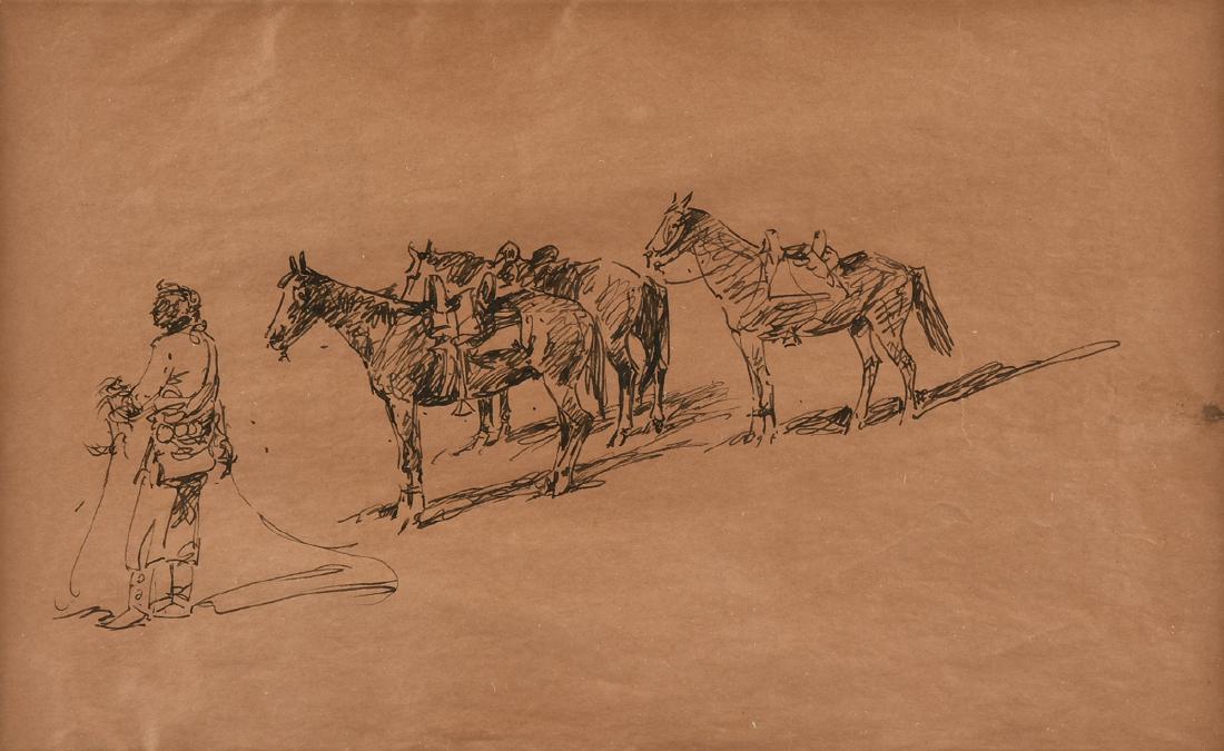 A SKETCH DRAWING, "STUDY OF A MAN AND THREE HORSES," (1 of 8)
