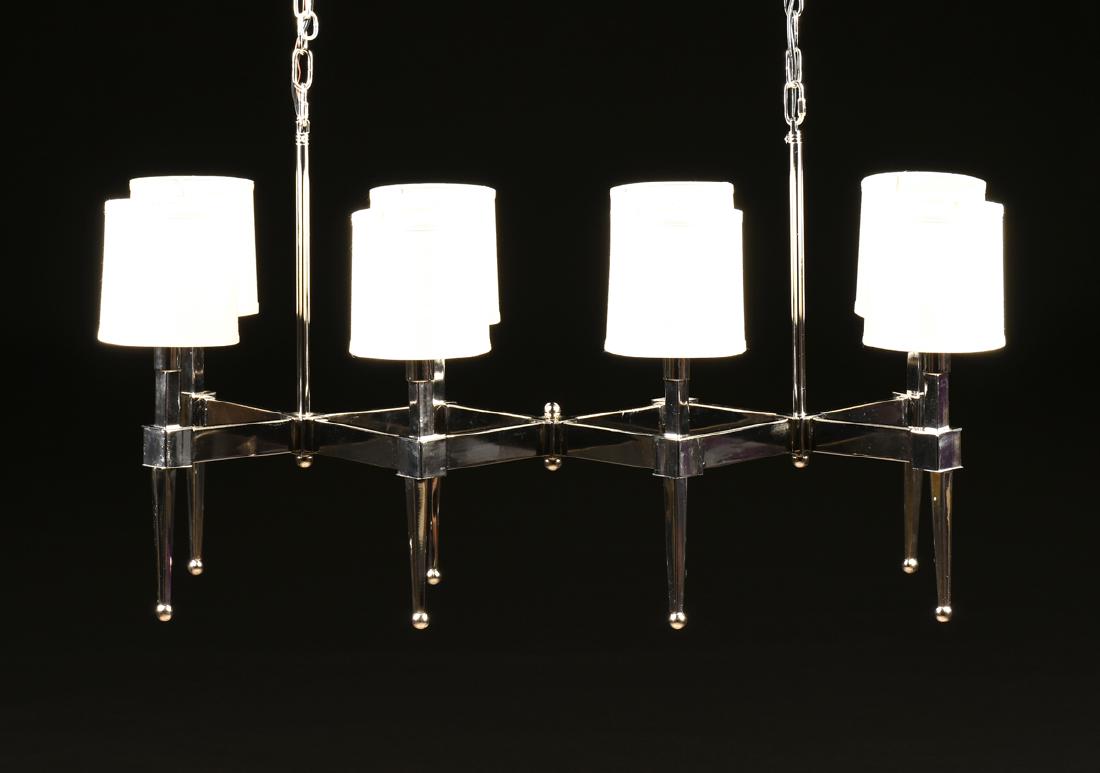 A NICKEL PLATED EIGHT-LIGHT HANGING CHANDELIER, (1 of 3)