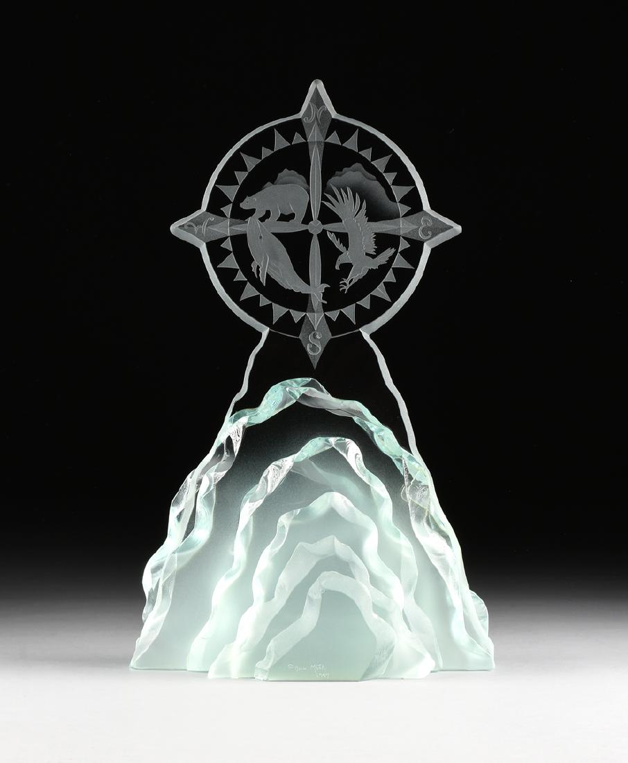BILL MEEK (American/Texas 20th/21st Century) AN ETCHED,: BILL MEEK (American/Texas 20th/21st Century) AN ETCHED, POLISHED, AND ASSEMBLED PLATE GLASS SCULPTURE "ALASKAN COMPASS," HOUSTON, TEXAS, 1997, the sculpture with large 3/4" thick clear cut glass plate