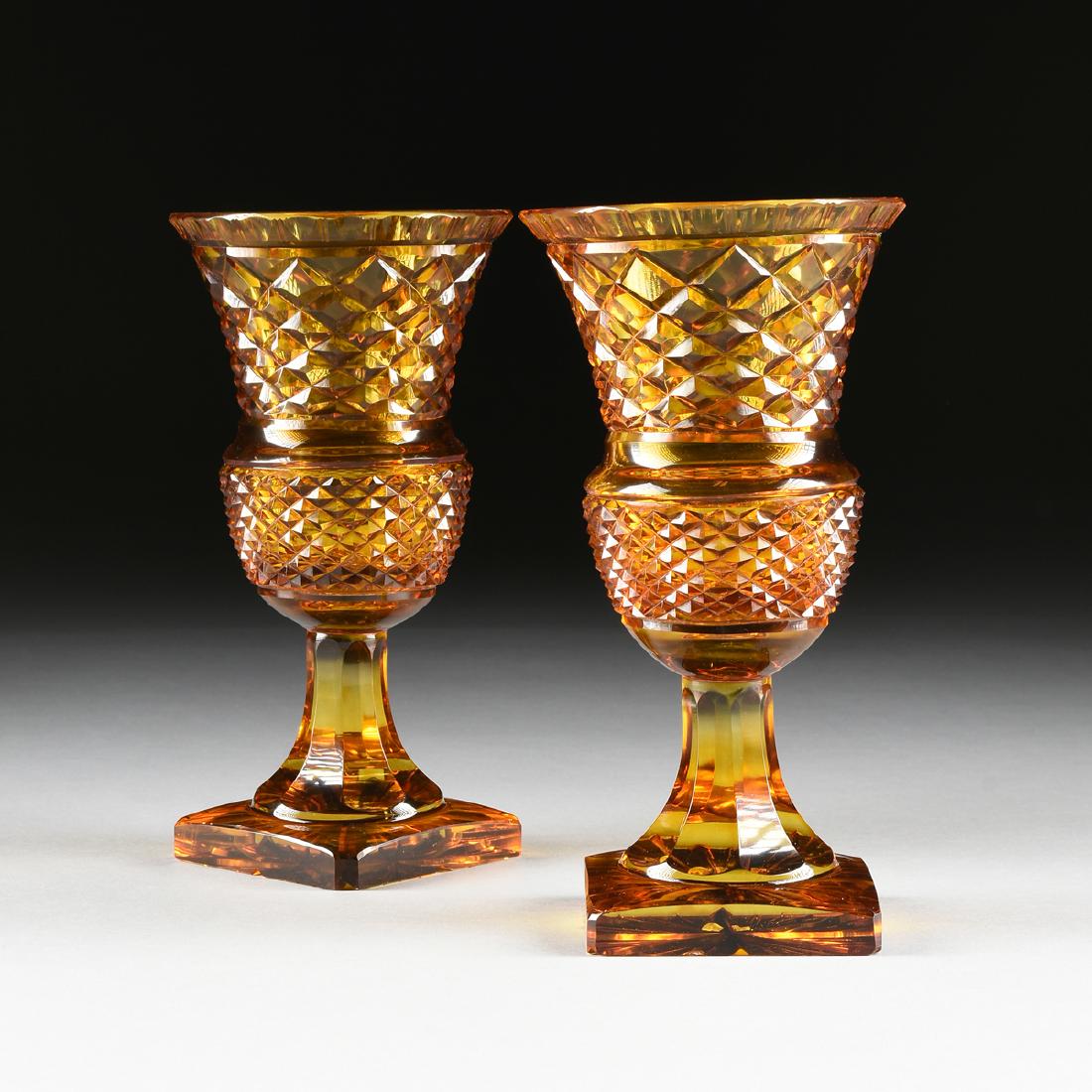 A PAIR OF AMBER CUT GLASS CAMPANA FORM URNS, AMERICAN (1 of 8)
