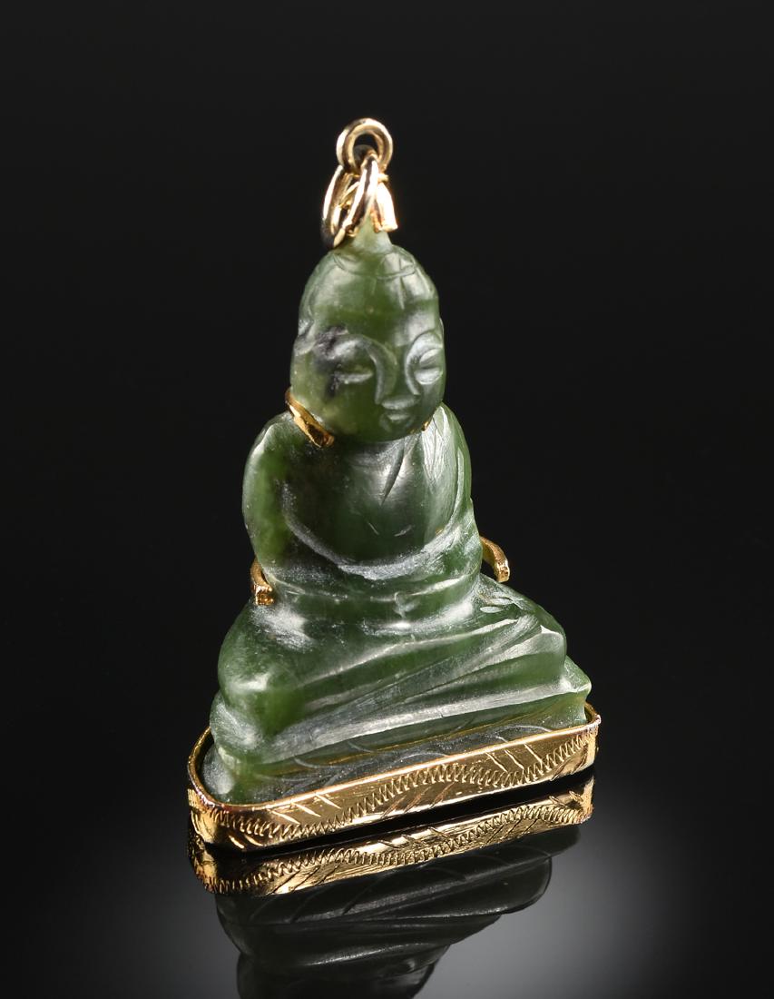A SPINACH GREEN JADE CARVED SEATED BUDDHA PENDANT, (1 of 3)