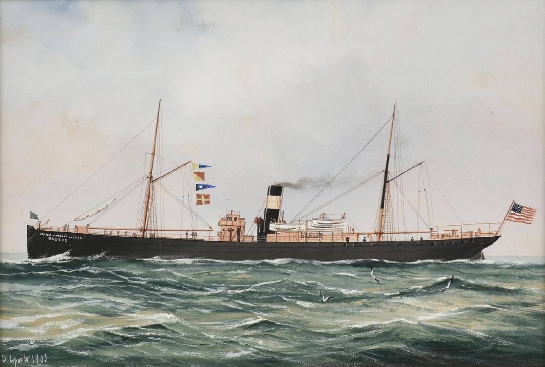 D. LAPOSITO, A PAINTING, 1903, "United States: D. LAPOSITO, A PAINTING, 1903, "United States Collier:Brutus," PROBABLY SOUTH AMERICAN, ship at sea with raised flags, gouache and watercolor on paper, signed and dated L/L.10 5/8" x 15 3/4" NOTE: In 