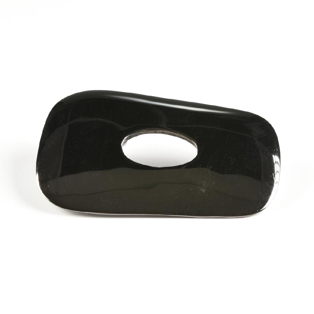 A MODERN HEMATITE SCARF PENDANT,: A MODERN HEMATITE SCARF PENDANT, of flat ax form with highly polished surface. Total approximate weight: 112.8 grams.