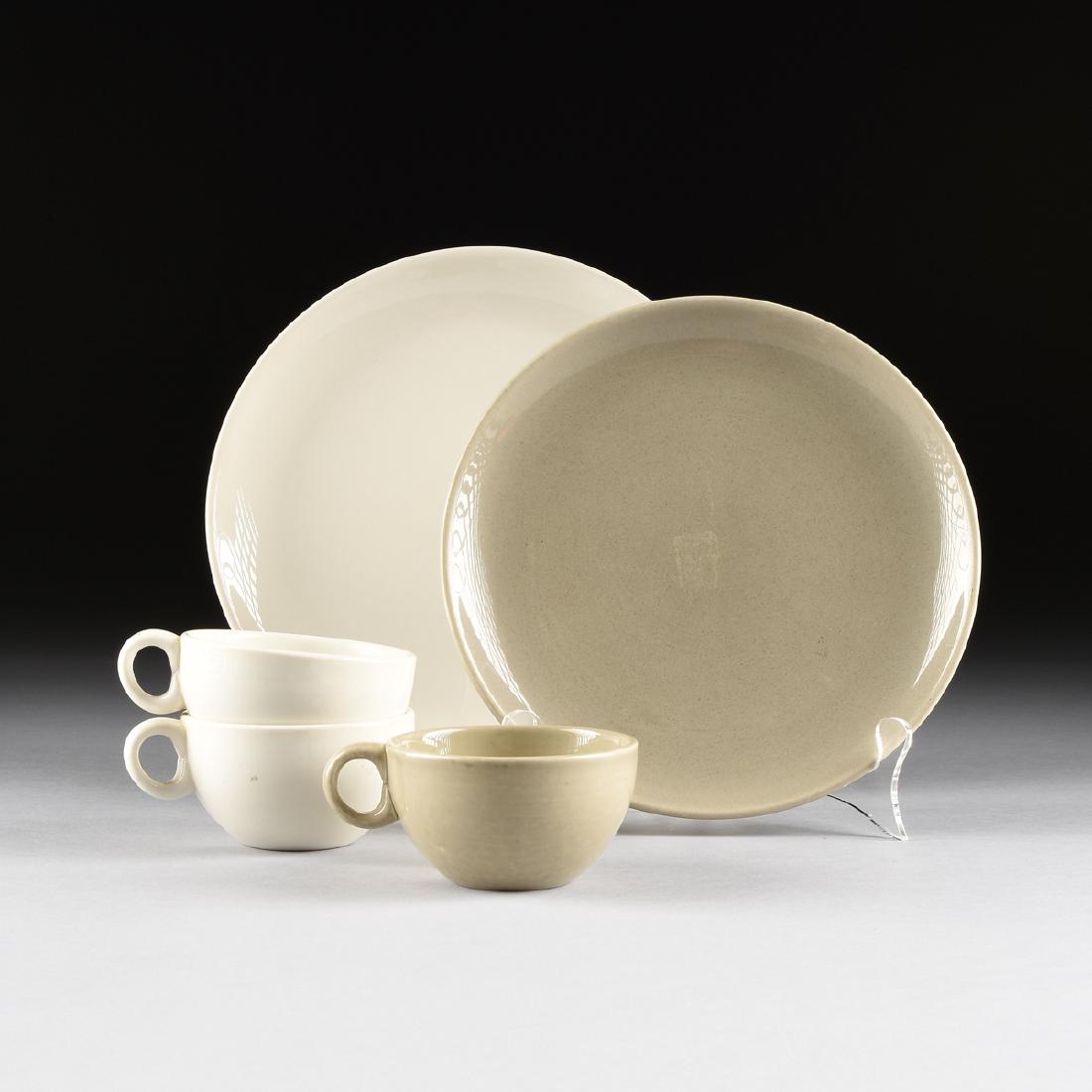 A GROUP OF FIVE PIECES OF RUSSEL WRIGHT (American,: A GROUP OF FIVE PIECES OF RUSSEL WRIGHT (American, 1904-1976) SUGAR WHITE AND OYSTER GLAZED "CASUAL CHINA" DINNERWARE, FOR IROQUOIS CHINA CO., SYRACUSE, NEW YORK, DESIGNED 1947, comprising two low tea