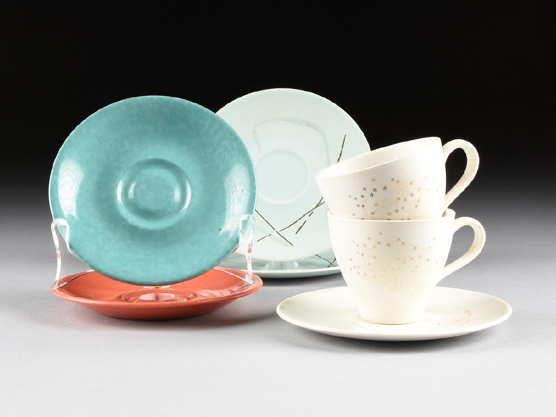 A GROUP OF SEVEN PIECES OF RUSSEL WRIGHT (American,: A GROUP OF SEVEN PIECES OF RUSSEL WRIGHT (American, 1904-1976) CERAMIC AND MELAMINE DINNER WARE, CIRCA comprising two coffee cups and one saucer in the "Queen Anne's Lace" motif of the "Esquire" patte