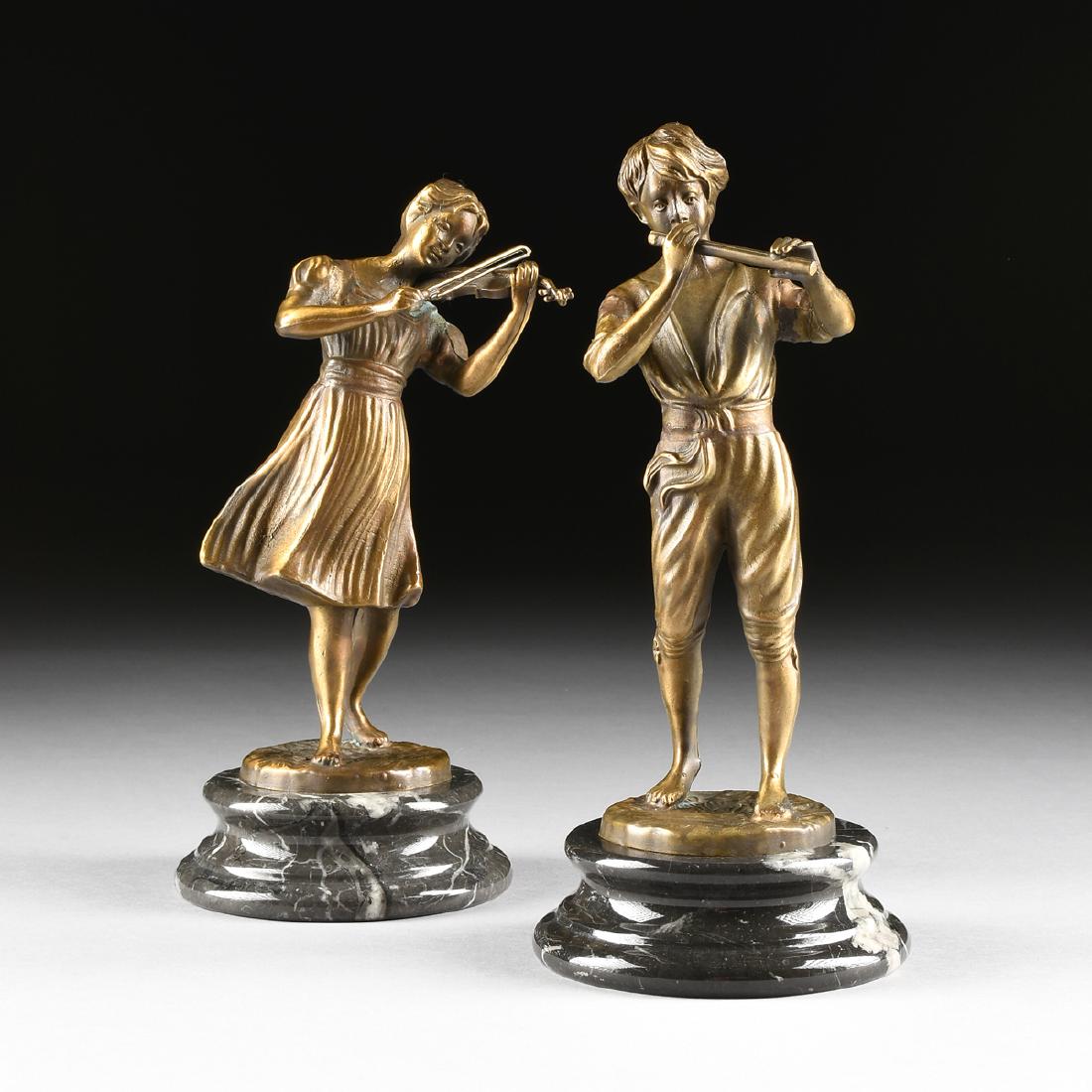 A GROUP OF TWO CAST BRONZE FIGURES ON MARBLE BASES, (1 of 18)