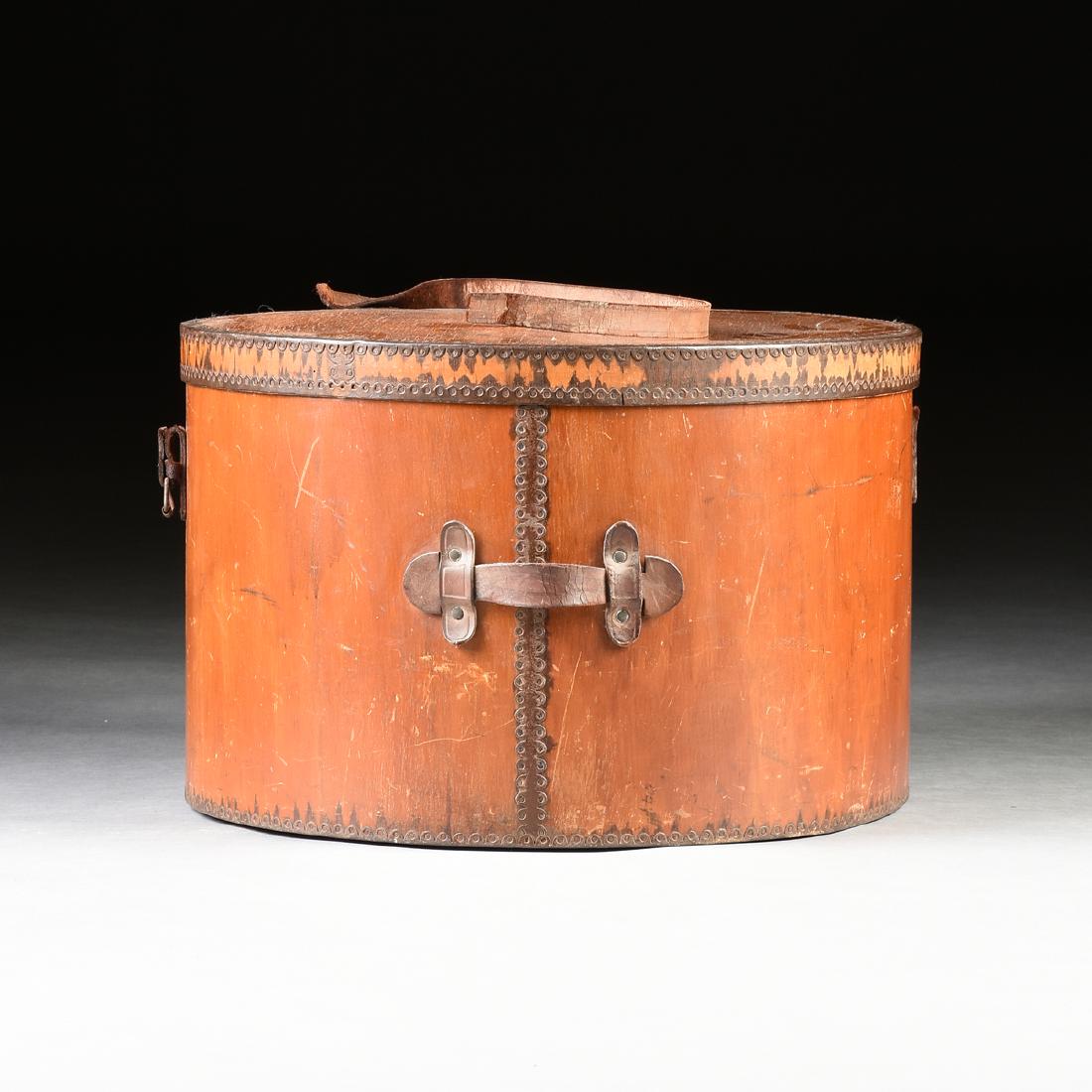 A LATE VICTORIAN BENTWOOD, IRON AND LEATHER HATBOX, (1 of 8)