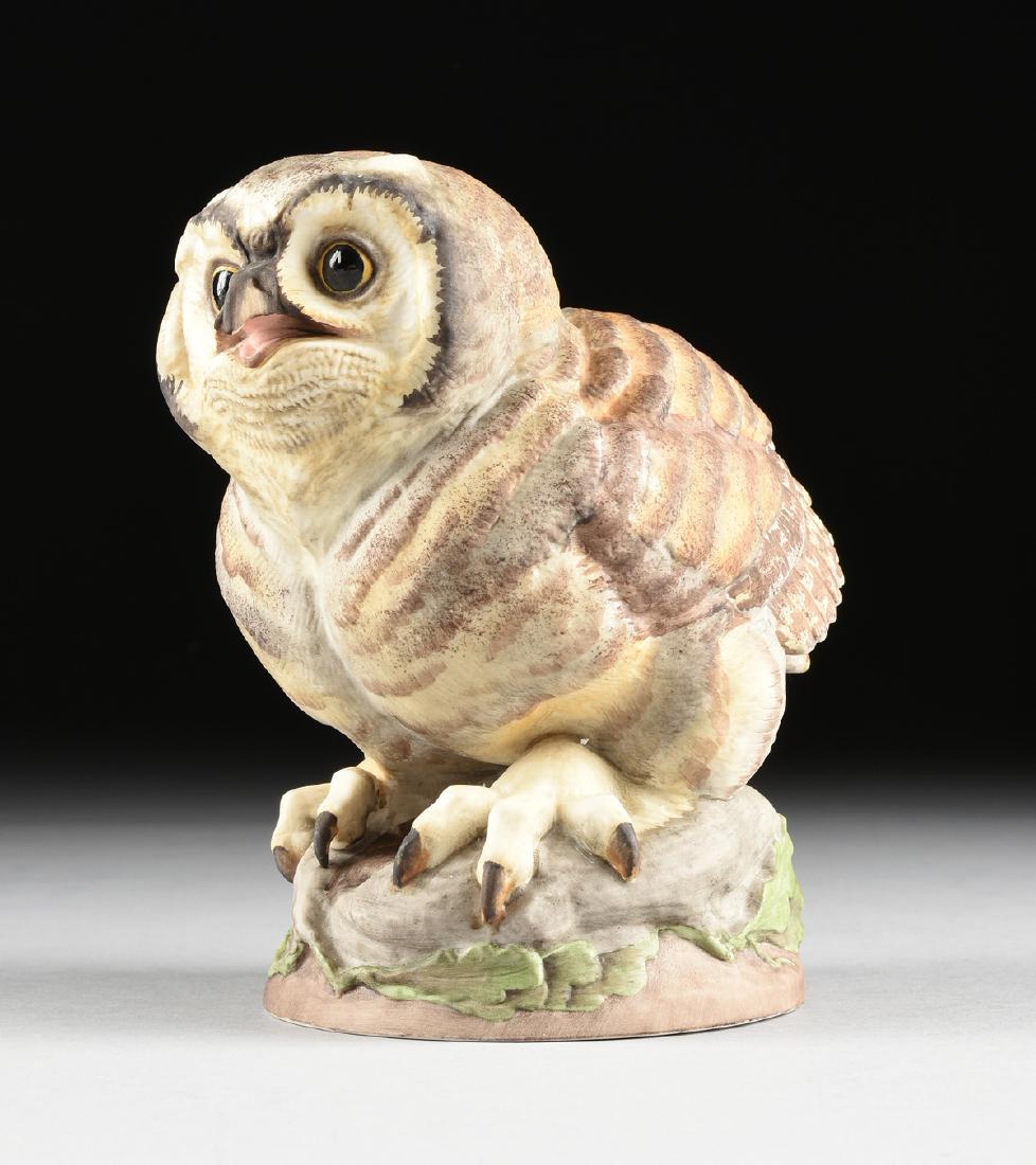 EDWARD MARSHALL BOEHM (American 1913-1969) A LIMITED: EDWARD MARSHALL BOEHM (American 1913-1969) A LIMITED EDITION POLYCHROME ENAMEL DECORATED BISQUE PORCELAIN FIGURE "FLEDGLING GREAT HORNED OWL," MODEL NO. 479, FOR BOEHM PORCELAIN CO., TRENTON, NEW JERS