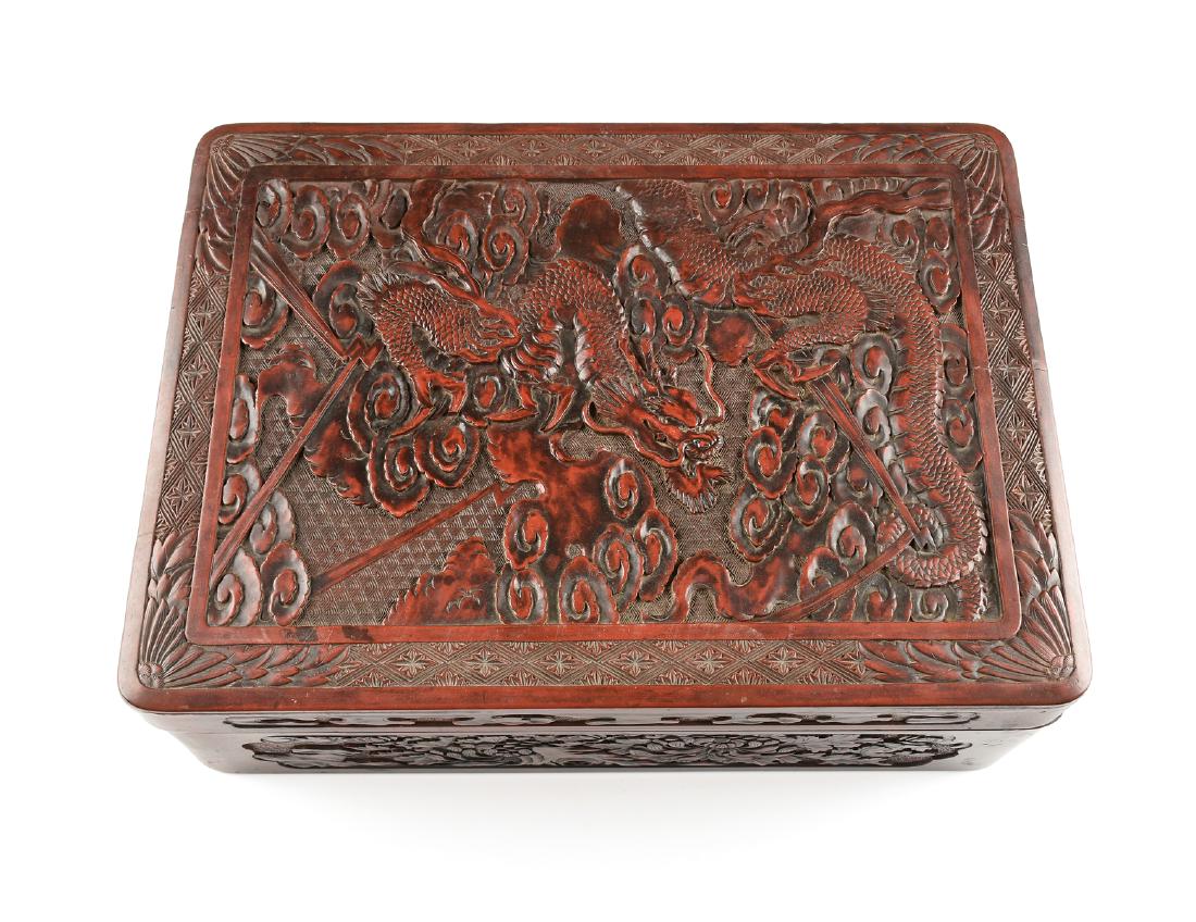 A CHINESE EXPORT RED PAINTED RELIEF CARVED WOOD LIDDED (1 of 7)