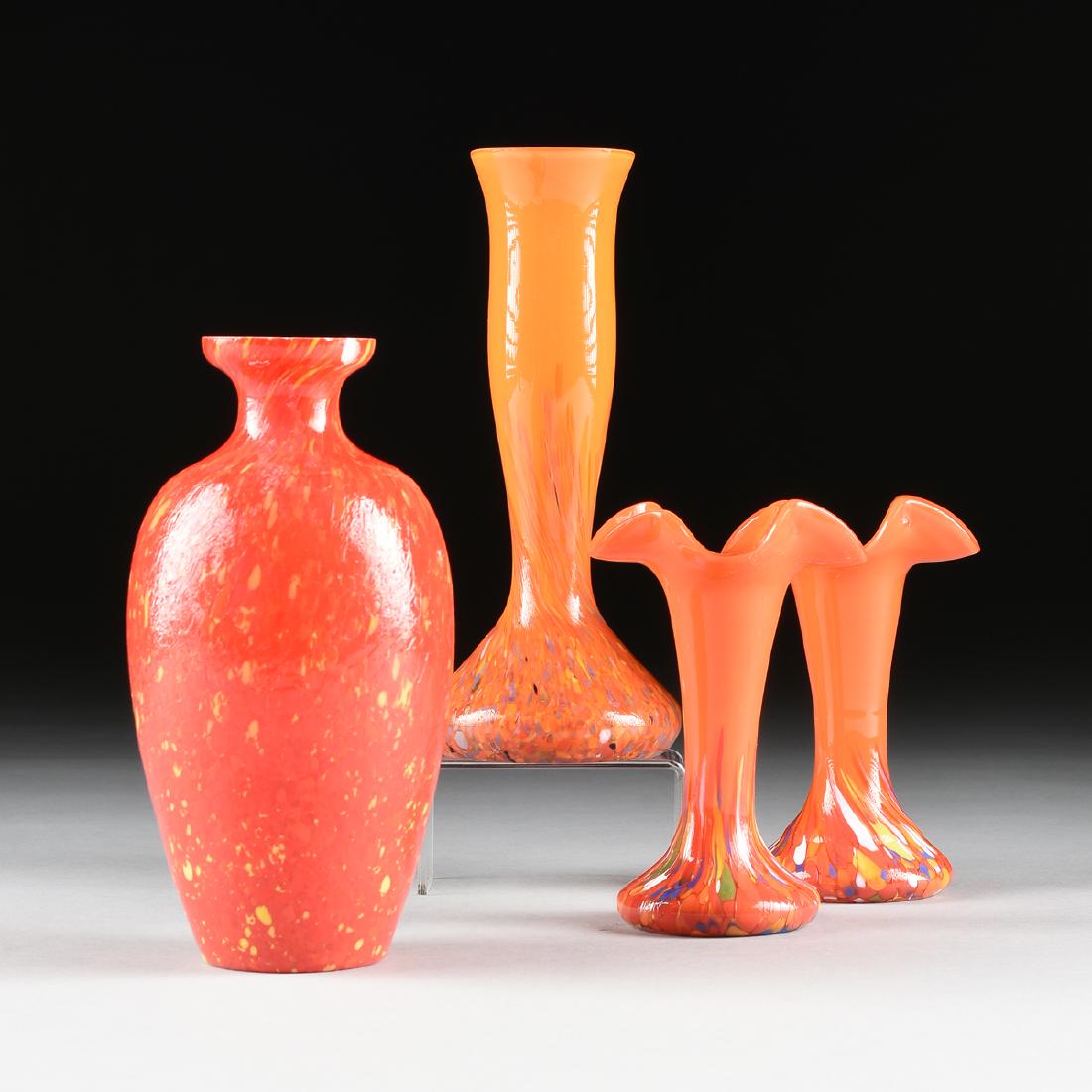 A PAIR OF ANTON RUCKL CASED SPATTER GLASS VASES,: A PAIR OF ANTON RUCKL CASED SPATTER GLASS VASES, NIZBOR, CZECHOSLOVAKIA (CZECH REPUBLIC), CIRCA 1960-1970, the trumpet form vases with everted ruffled rim in orange glass cased in clear, with multi-co