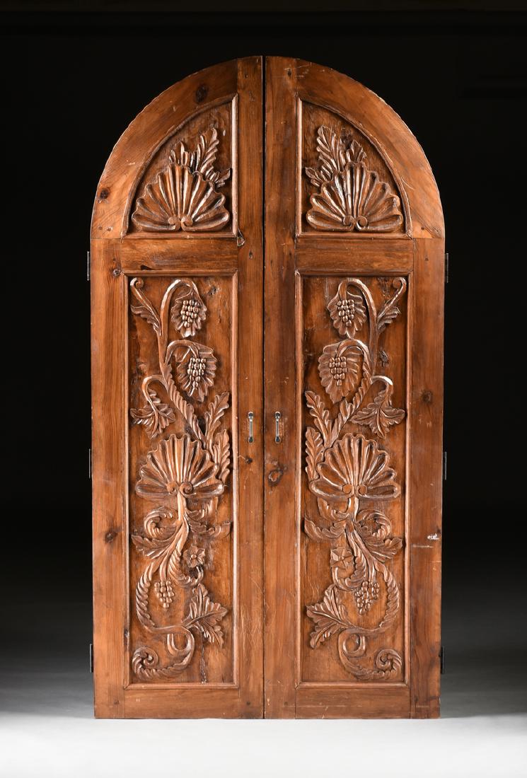 A PAIR OF RUSTIC CARVED PINE ARCH TOP INTERIOR DOORS, (1 of 10)
