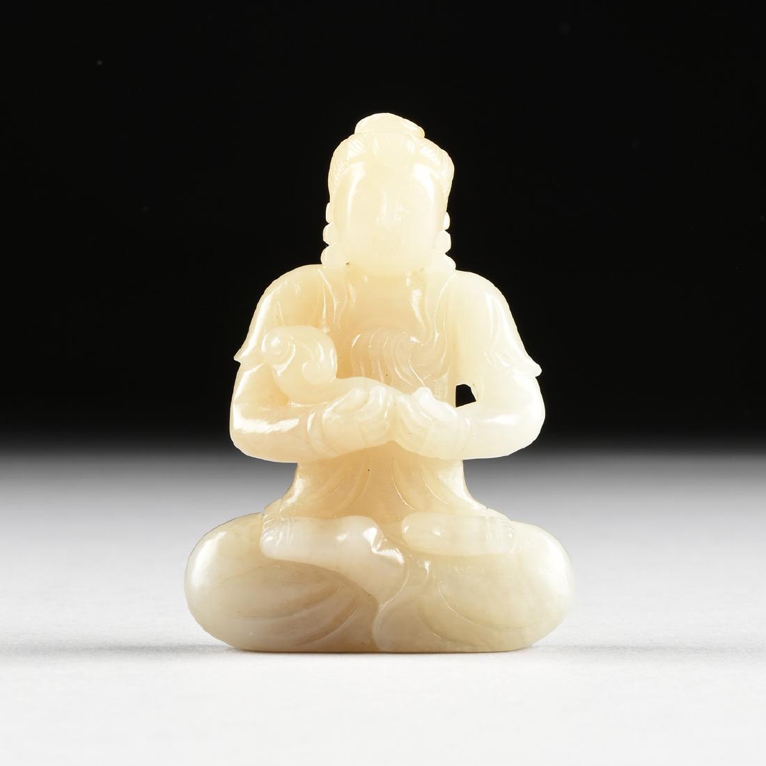 A WHITE JADE/JADEITE CARVED SEATED GUANYIN, CHINESE, (1 of 6)