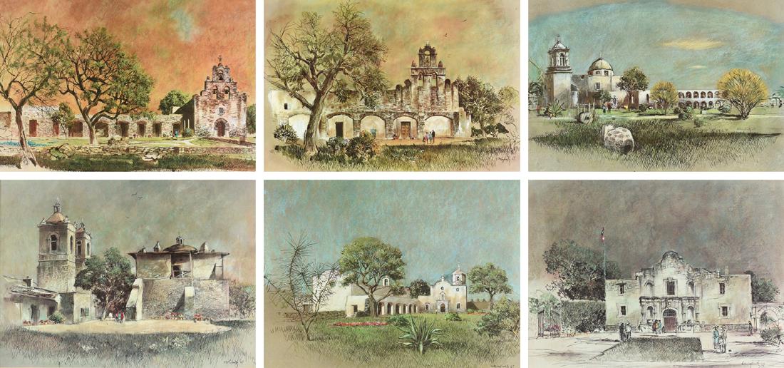 after BUCK SCHIWETZ (American/Texas 1898-1984) A GROUP: after BUCK SCHIWETZ (American/Texas 1898-1984) A GROUP OF SIX PRINTS AND A BOOK, CIRCA 1967, all signed in plate, the collection including "San Juann Capistrano, San Antonio," 12" x 18 1/2"; "San Fran