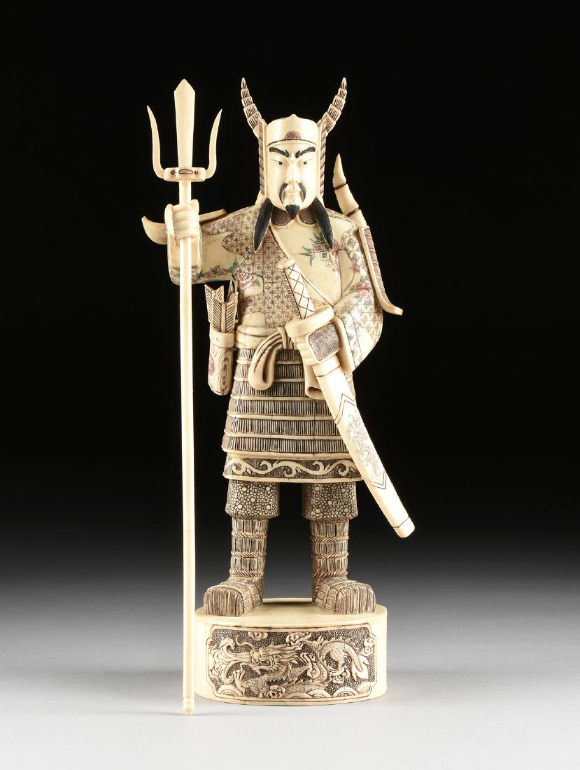 A JAPANESE POLYCHROME DECORATED CAMEL BONE SAMURAI: A JAPANESE POLYCHROME DECORATED CAMEL BONE SAMURAI FIGURE, 20TH CENTURY, the bone veneered figure of a standing Samurai wearing horned helmet and partial armor, a bow strapped to his back and quiver a