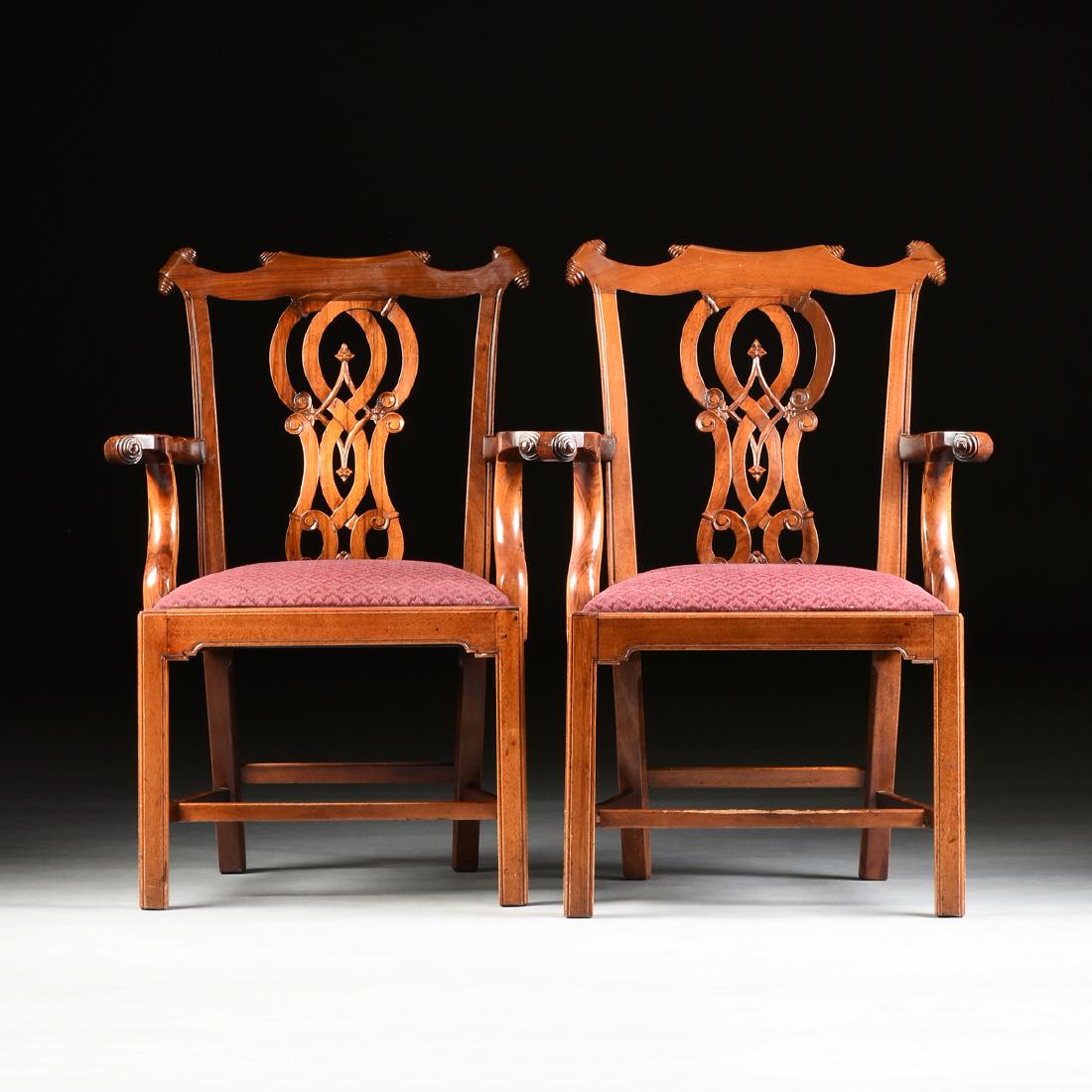 A SET OF FOUR GEORGE III STYLE CARVED MAHOGANY ARM (1 of 11)