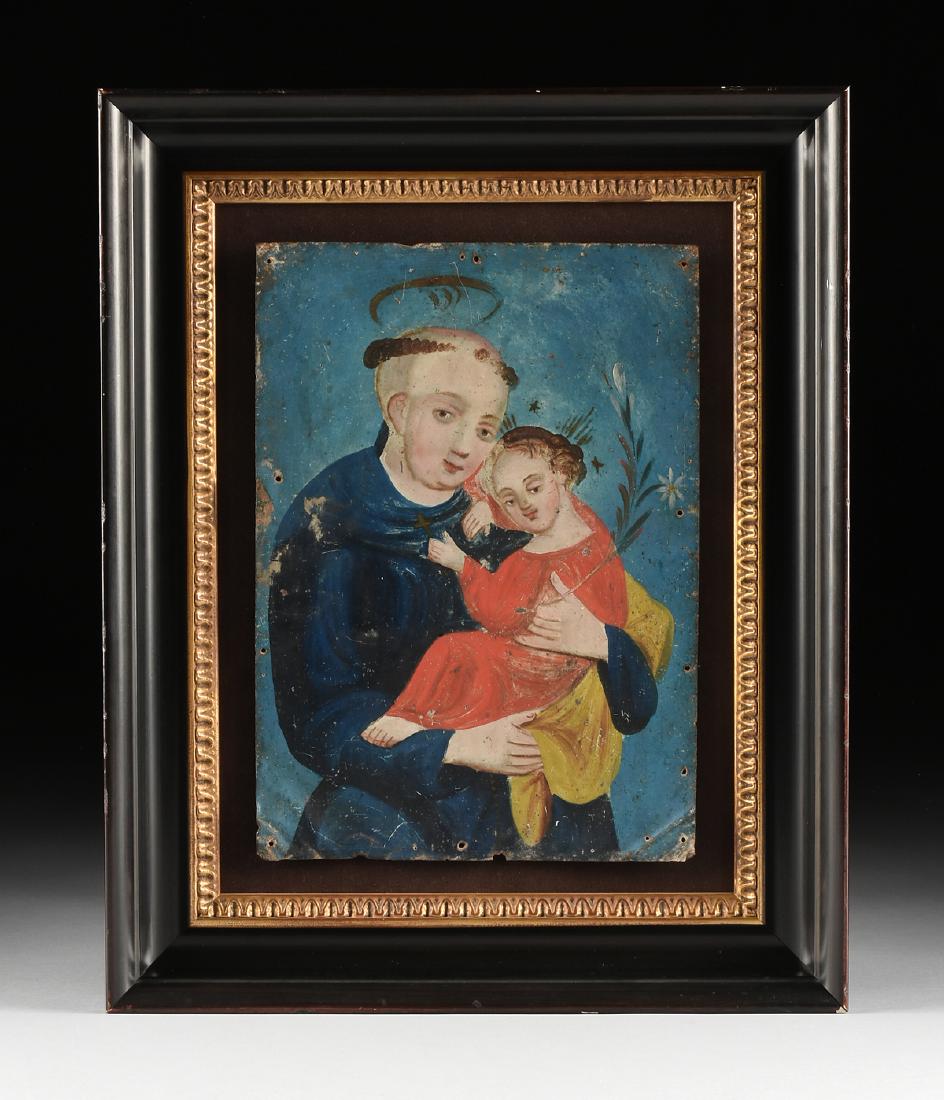 A MEXICAN POLYCHROME TIN RETABLO OF SAN ANTONIO (SAINT (1 of 9)