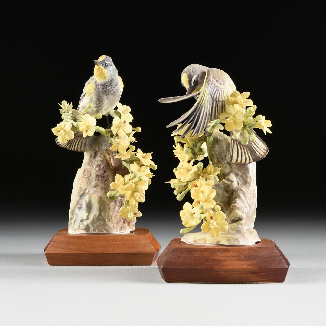 DOROTHY DOUGHTY (British 1892-1962) A PAIR OF: DOROTHY DOUGHTY (British 1892-1962) A PAIR OF POLYCHROME ENAMEL DECORATED BISQUE BONE PORCELAIN FIGURES "Audubon Warbler and Palo Verdi," FOR ROYAL WORCESTER, CIRCA 1963, the realistically modeled and