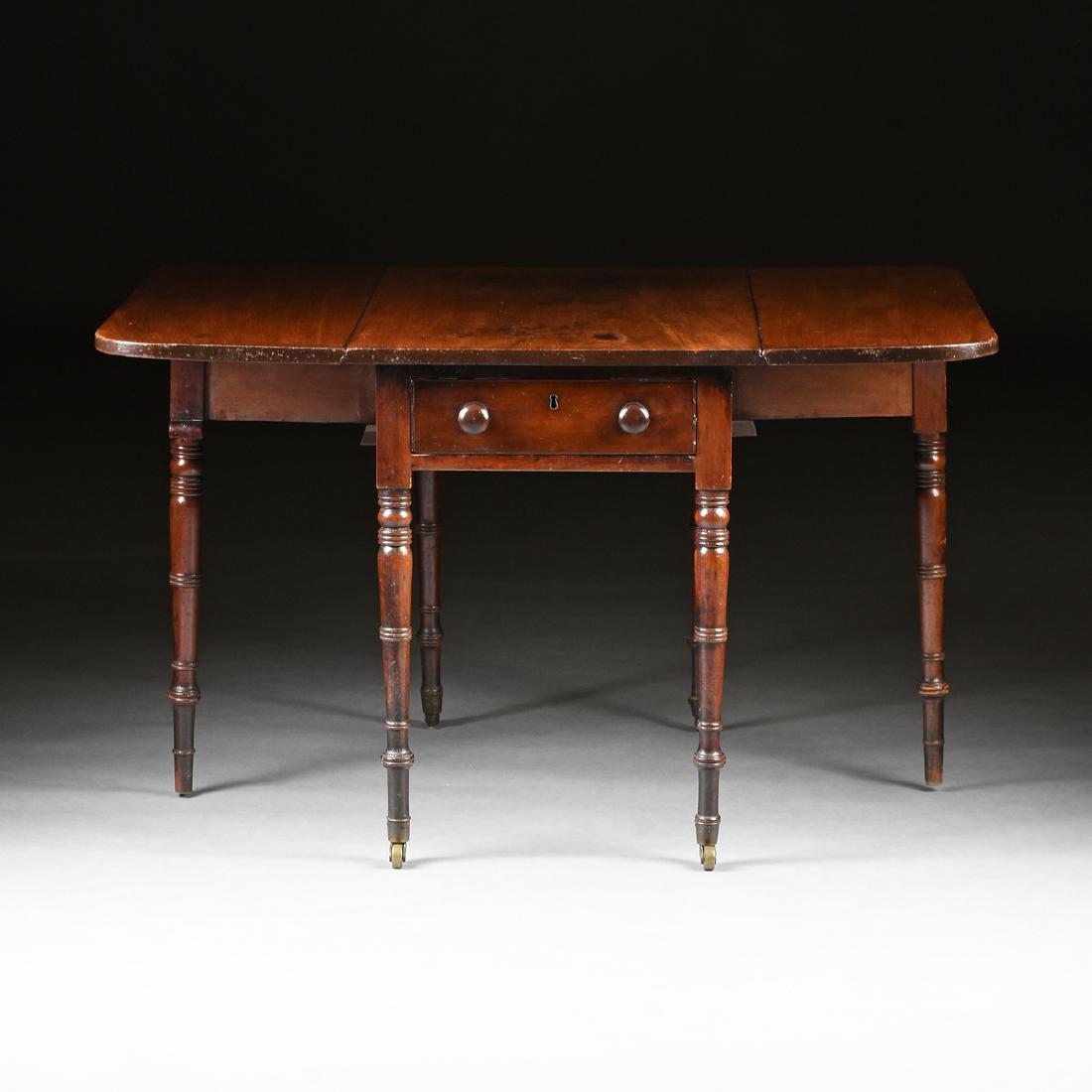 A REGENCY STYLE DROP LEAF MAHOGANY PEMBROKE TABLE, (1 of 8)