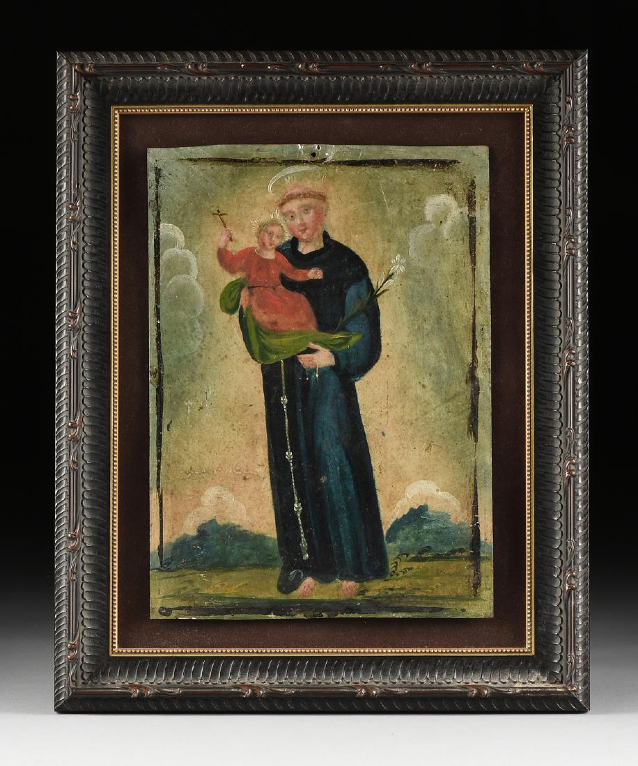 A MEXICAN POLYCHROME TIN RETABLO OF SAN ANTONIO (SAINT (1 of 10)