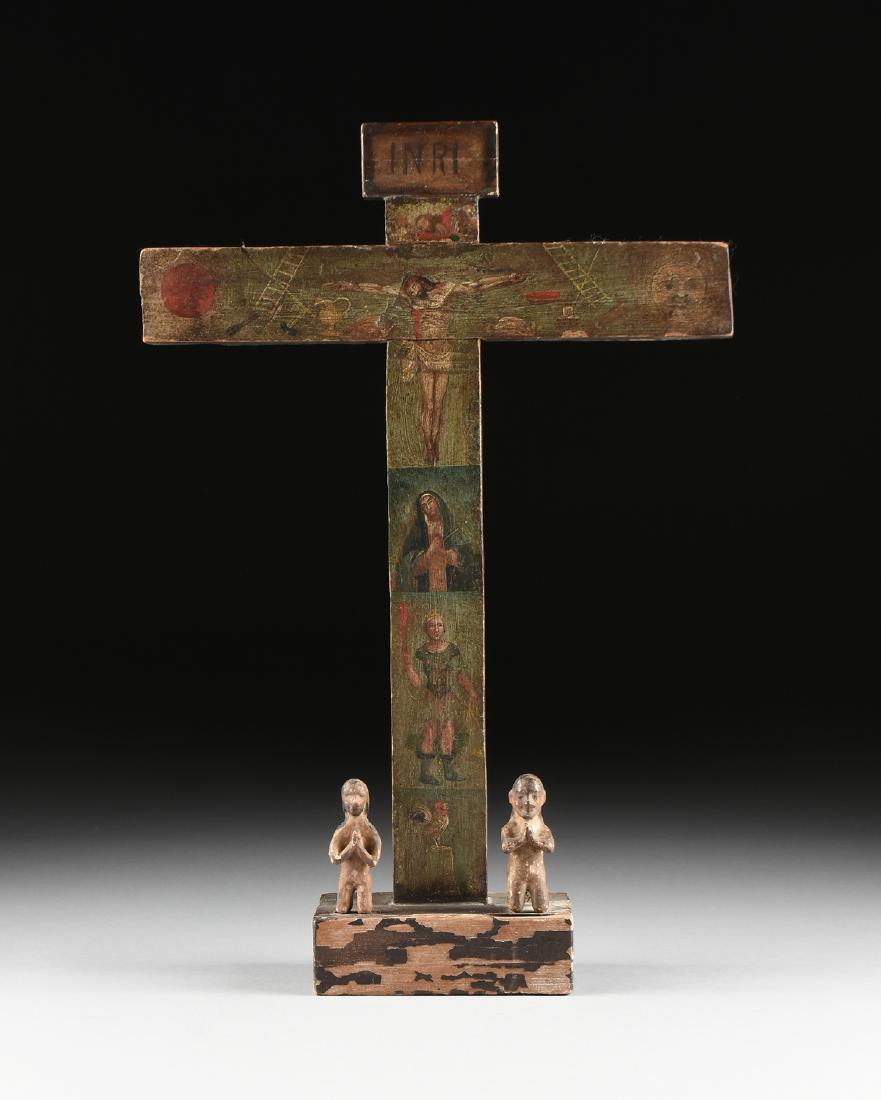 A SPANISH COLONIAL POLYCHROME PINE CROSS WITH SANTOS (1 of 10)