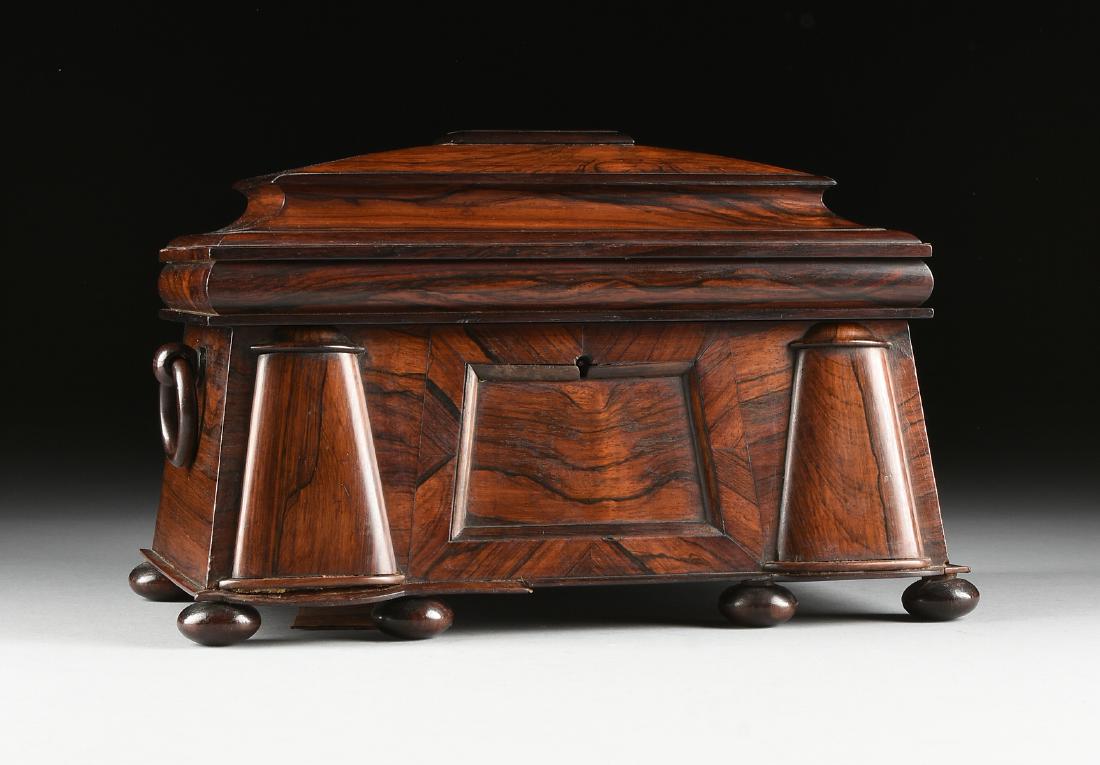 A VICTORIAN ROSEWOOD SARCOPHAGUS FORM TEA CADDY, (1 of 11)