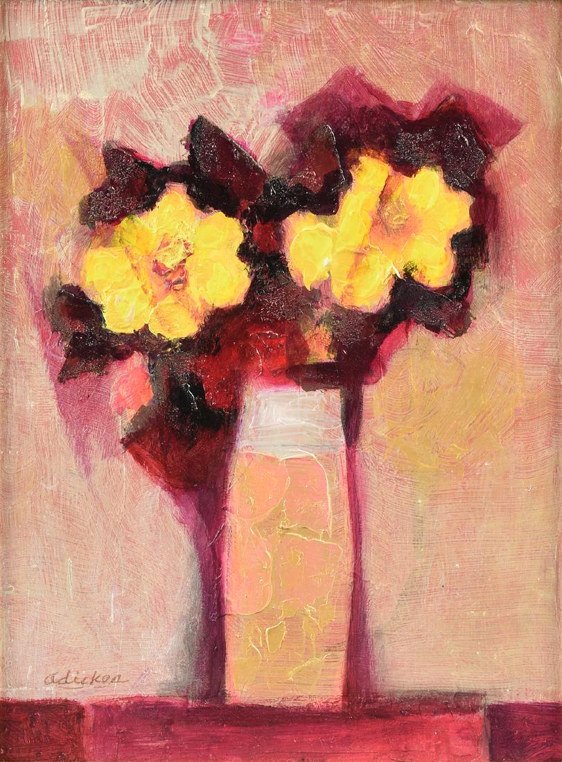 DAVID ADICKES (American b. 1927) A PAINTING, "Two: DAVID ADICKES (American b. 1927) A PAINTING, "Two Yellow Flowers Against Gold Vase," acrylic on canvas board, signed L/L. 19 1/4" x 14 1/4"