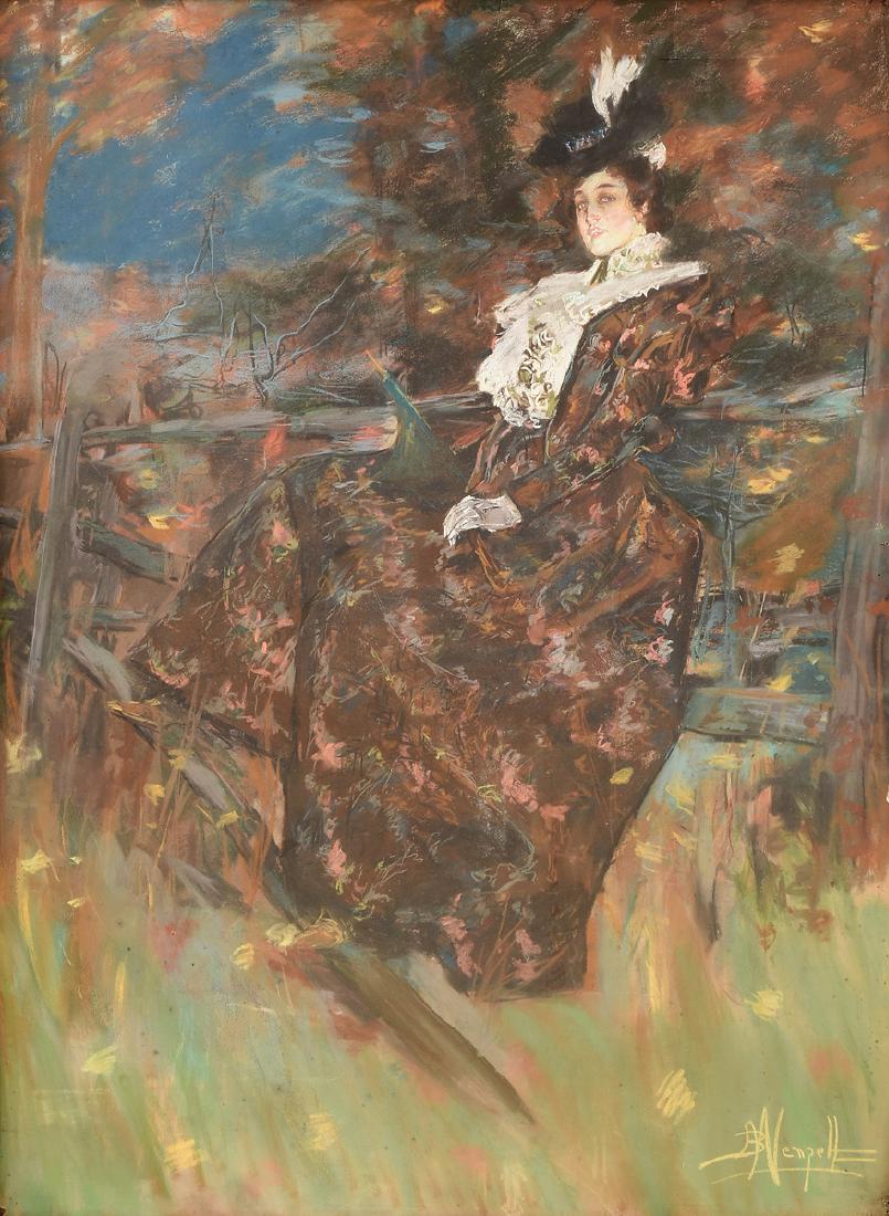 ALBERT BECK WENZELL (American 1864-1917) A PAINTING,: ALBERT BECK WENZELL (American 1864-1917) A PAINTING, "Lady on a Fence," pastel on paper on canvas, signed L/R. 40" x 30"