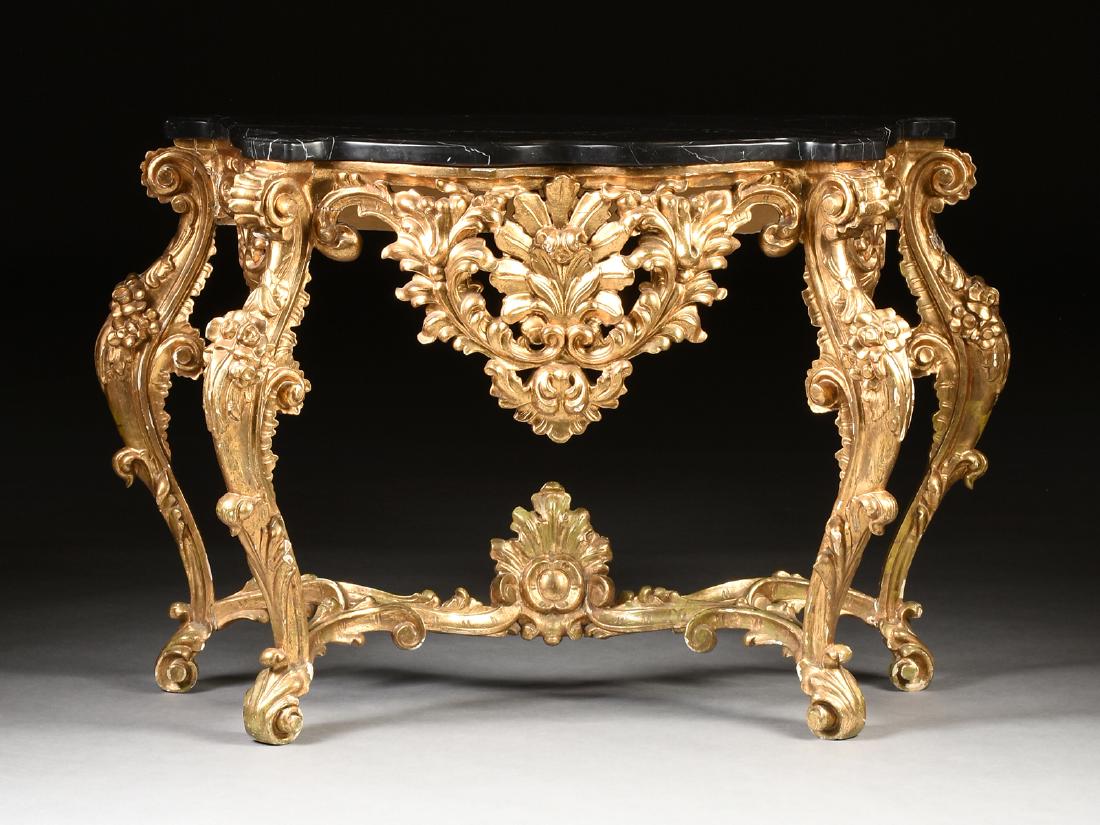 A ROCOCO REVIVAL GILTWOOD MARBLE TOP CONSOLE TABLE, (1 of 10)