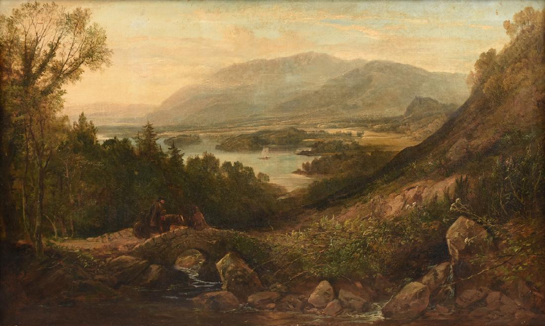 DOUGLAS ADAMS (English 1853-1920) A PAINTING, "Crossing: DOUGLAS ADAMS (English 1853-1920) A PAINTING, "Crossing the Bridge Overlooking the Bay in Landscape," oil on canvas, signed L/R. 30 1/2" x 50"