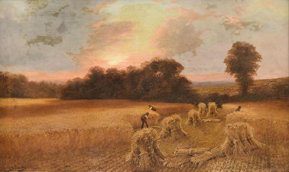 CHARLES HENRY PASSEY (English 1818-1895) A PAINTING,: CHARLES HENRY PASSEY (English 1818-1895) A PAINTING, "Sunset Over Wheat Harvesters," oil on canvas, signed L/L. 30" x 50 1/2"