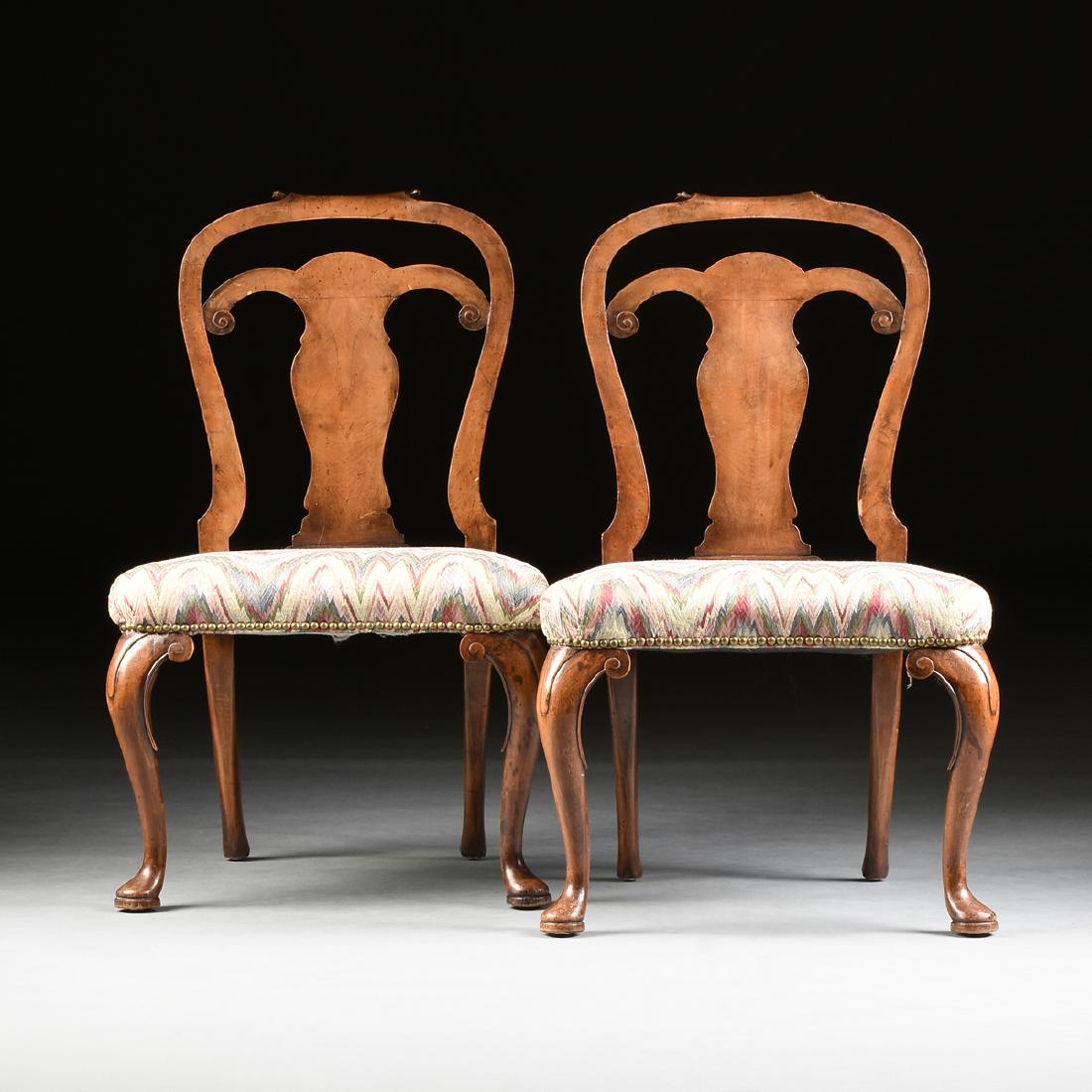 A SET OF FOUR QUEEN ANNE STYLE BEECH AND WALNUT DINING (1 of 9)