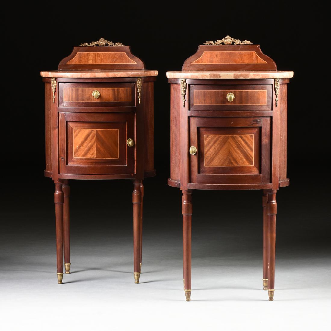 A PAIR OF LOUIS XVI STYLE ROSSO ALICANTE MARBLE TOP: A PAIR OF LOUIS XVI STYLE ROSSO ALICANTE MARBLE TOP GILT METAL MOUNTED MAHOGANY VENEERED BEDSIDE CABINETS, MIDDLE EASTERN, CIRCA 1950-1960, demilune with gilt metal mounted shaped dark red stained and