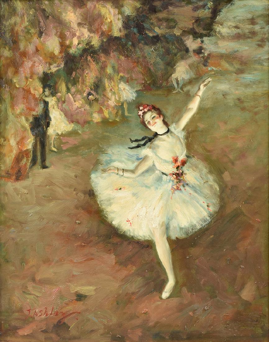 after Edgar Degas (French 1834-1917) A: after Edgar Degas (French 1834-1917) A PAINTING,"l'Etoile - ou Danseuse sur Scene," reproduced after the original, oil on canvas, signed L/L "J. Ashley." 30" x 24"
