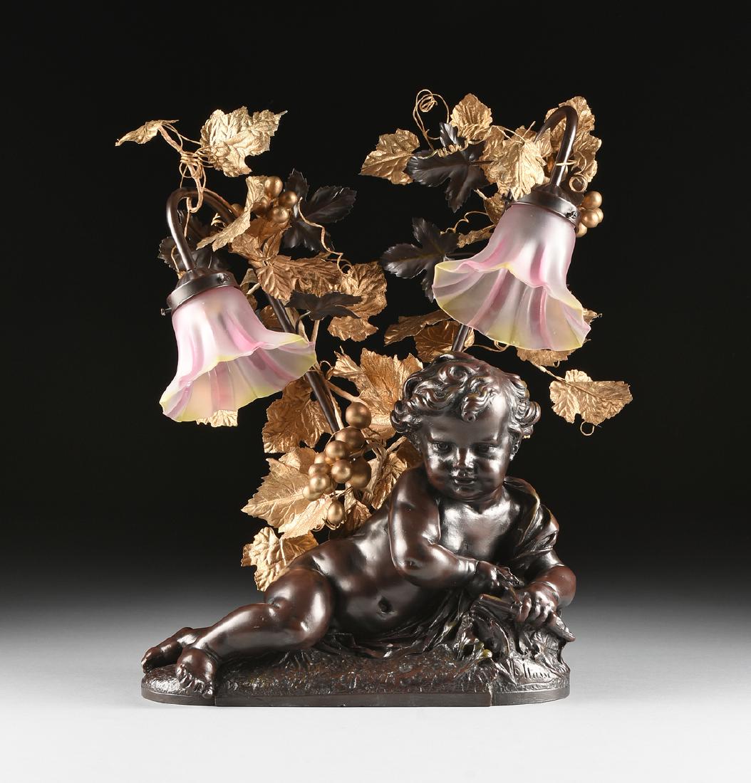 A PATINATED METAL FIGURAL TWO LIGHT LAMP, MODERN, (1 of 7)