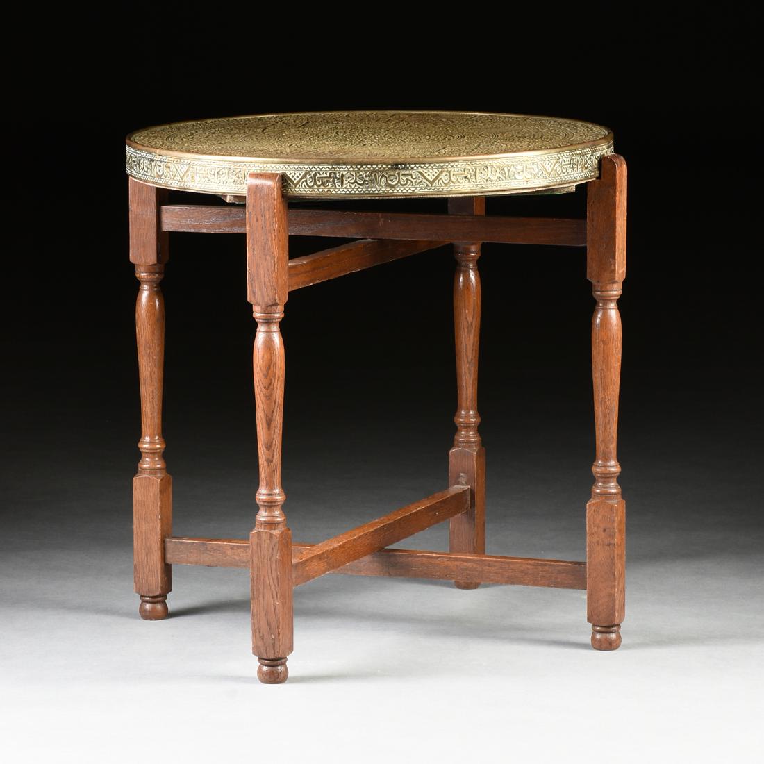 A SYRIAN STYLE BRASS REPOUSSÉ CIRCULAR FOLDING TABLE, (1 of 6)