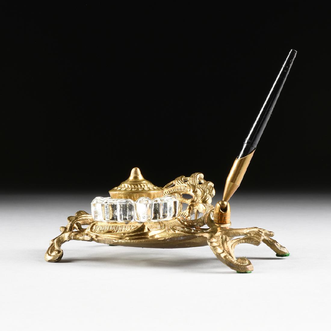 A ROCOCO STYLE BRASS AND GLASS INKSTAND, 20TH CENTURY, (1 of 12)