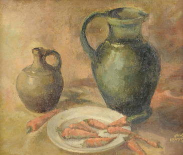 AMERICAN SCHOOL (20th Century) A PAINTING, " Still Life: AMERICAN SCHOOL (20th Century) A PAINTING, " Still Life with Carrots," oil on canvas board, signed and dated 1944 L/R. 20" x 24"