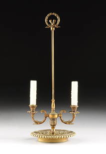 A LOUIS XVI STYLE POLISHED BRASS TWO LIGHT BUILLOTE: A LOUIS XVI STYLE POLISHED BRASS TWO LIGHT BUILLOTE LAMP, THIRD QUARTER 20TH CENTURY, with a vasi form stem issuing a long vertical rod surmounted by a ribbon tied laurel wreath finial, flanked by aca