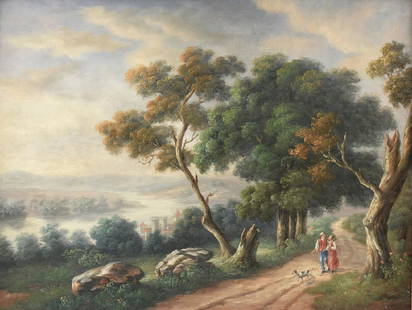 after BAREND CORNELIS KOEKKOEK (Dutch/German 1803-1862): after BAREND CORNELIS KOEKKOEK (Dutch/German 1803-1862) AN ENHANCED GICLEE, "Summer Wooded Landscape with Castle," late 20th century, on canvas, signed indistinctly L/R. 36" x 48"