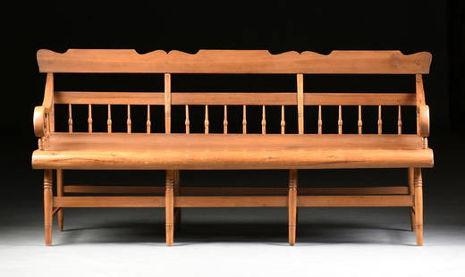 AN AMERICAN LATE FEDERAL MAPLE DEACON'S BENCH, POSSIBLY: AN AMERICAN LATE FEDERAL MAPLE DEACON'S BENCH, POSSIBLY PENNSYLVANIA, CIRCA 1810-1830, the triple back, shaped, flat crest rail, over a flat horizontal splat, above turned spindles, over a bench seat