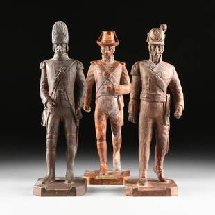 A GROUP OF THREE LARGE CAST RESIN FIGURES OF BRITISH: A GROUP OF THREE LARGE CAST RESIN FIGURES OF BRITISH SOLDIERS DEPLOYED DURING THE WAR OF INDEPENDENCE AND THE WAR OF 1812-1815, LATE 20TH CENTURY, emulating hand carved figures with wood-like finish