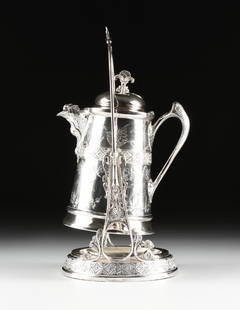 AN AMERICAN E.G. WEBSTER & BRO. SILVERPLATE PITCHER ON: AN AMERICAN E.G. WEBSTER & BRO. SILVERPLATE PITCHER ON STAND, 1865-1886, NEW YORK, the pitcher with a palmette finial over a domed lid, above a tapered cylindrical body chased with chinoiserie style