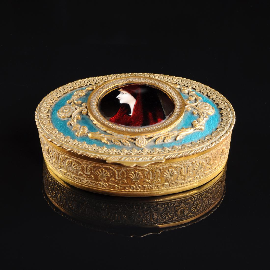 A FRENCH GILT METAL AND ENAMEL BOX WITH LIMOGES ENAMEL (1 of 7)