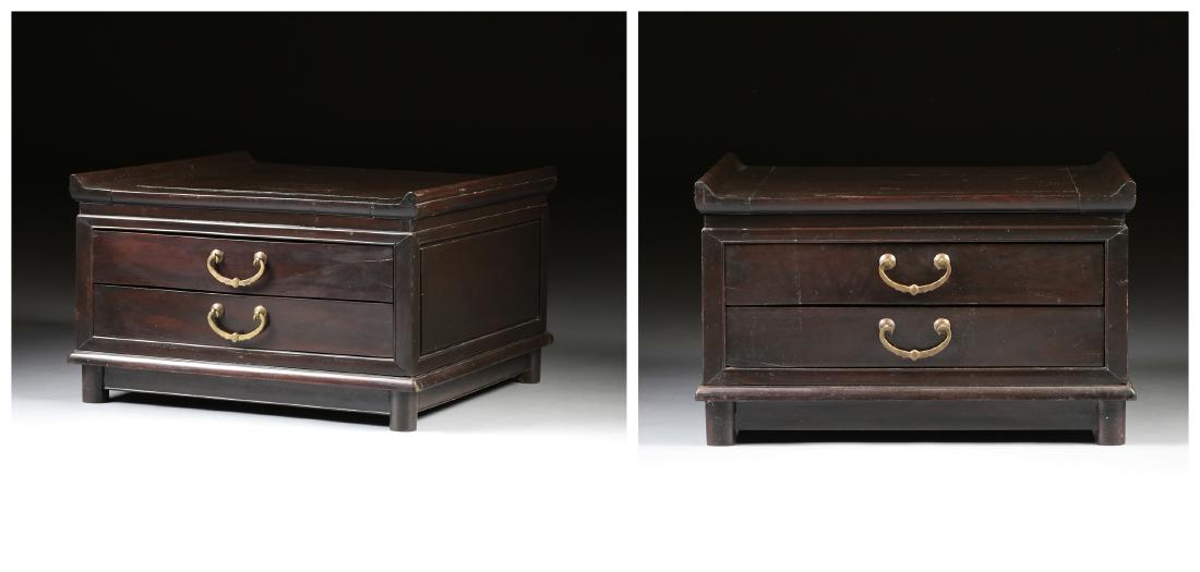 A PAIR OF MING STYLE CARVED ROSEWOOD SHORT END TABLES, (1 of 7)